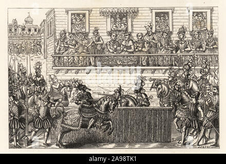 König Heinrich II. von Frankreich tödlich im Gesicht durch die Lanze des Gabriel de Montgomery in einem Turnier, 1559 verwundet. Aus dem 16. Jahrhundert zu drucken. Le roi Henri II Blesse par Montgomery dans un Tournoi. Holzschnitt von Jules Huyot von Paul Lacroix's La Vie Militaire et Religieuse au moyen Age et a l'Époque de la Renaissance, militärischen und religiösen Lebens im Mittelalter und in der Renaissance, Paris, 1873. Stockfoto