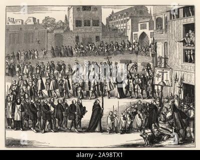 Auto-Da-Fe Prozession in Spanien. Häftlinge, die von der Inquisition Beamte und Milizen, die die Pfarrei Flagge, Kruzifixe, Bildnisse und Särge begleitet. Von Philippe de Limborch's Historia Inquisitionis, Amsterdam 1692. Prozession d'un-auto-da-Fe en Espagne, suivant Le zeremoniellen en Nutzung depuis Le 14 mich Siecle. Holzschnitt von Etienne Huyot und Jules Huyot aus a l'Époque de la Renaissance, militärischen und religiösen Lebens im Mittelalter und in der Renaissance, Paris, 1873 Paul Lacroix's La Vie Militaire et Religieuse au moyen Age et. Holzschnitt aus Paul Lacroix's La Vie Militaire et Religieuse au moyen Age Stockfoto