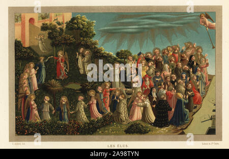 Engel führen die durch einen wunderschönen Garten in einen leuchtenden Stadt des Paradieses gespeichert. Fragment des letzten Urteils durch Fra Angelico, aus dem 15. Jahrhundert. Les Elus. Chromolithograph von E.Allard von Paul Lacroix's La Vie Militaire et Religieuse au moyen Age et a l'Époque de la Renaissance, militärischen und religiösen Lebens im Mittelalter und in der Renaissance, Paris, 1873. Stockfoto