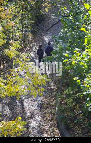 Blick von der Brücke Ein paar gehen auf einem Gehweg in Prospect Park, Brooklyn, New York. Stockfoto