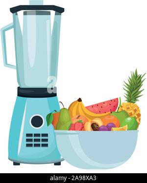 Mixer und Schüssel mit Obst, farbenfrohes Design Stock Vektor