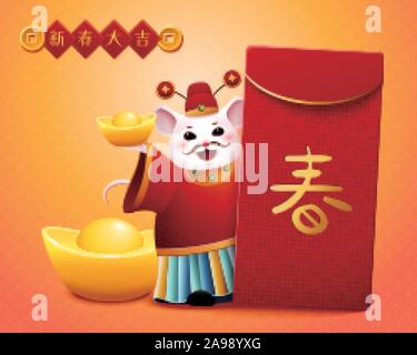 Cute Gott des Reichtums weiße Maus hält roten Umschlag und Goldbarren, günstigen und Feder in der chinesischen Wörter geschrieben Stock Vektor