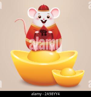 Süße weiße Maus hält Feder couplet und sitzt in Goldbarren, Vermögen in der chinesischen Wörter geschrieben Stock Vektor