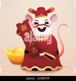 Cute Gott des Reichtums weiße Maus hält Feder couplet und Goldbarren, vielversprechendes neues Jahr in der chinesischen Wörter geschrieben Stock Vektor