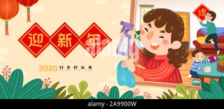 Süße hand Stil Familie gezeichnet Reinigung Haus zusammen mit Willkommen im neuen Jahr und Vermögen in chinesische Wörter auf Frühling couplet geschrieben, große Reinigung ba Stock Vektor