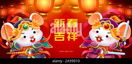 Süße weiße Mäuse menshen mit Laternen auf rotem Hintergrund, auspicious Mondjahr in der chinesischen Wörter geschrieben Stock Vektor