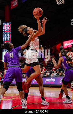 Piscataway, New Jersey, USA. 13 Nov, 2019. Rutgers Scarlet Knights guard ARELLA GUIRANTES (24) Laufwerke an den Korb gegen den Niagara Lila Adler an der Rutgers Athletic Center in Piscataway, New Jersey. Quelle: Joel Plummer/ZUMA Draht/Alamy leben Nachrichten Stockfoto