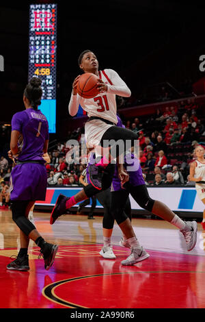 Piscataway, New Jersey, USA. 13 Nov, 2019. Rutgers Scarlet Knights vorwärts TEKIA MACK (31) Laufwerke an den Korb gegen den Niagara Lila Adler an der Rutgers Athletic Center in Piscataway, New Jersey. Quelle: Joel Plummer/ZUMA Draht/Alamy leben Nachrichten Stockfoto