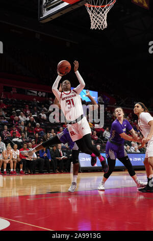 Piscataway, New Jersey, USA. 13 Nov, 2019. Rutgers Scarlet Knights vorwärts TEKIA MACK (31) Laufwerke an den Korb gegen den Niagara Lila Adler an der Rutgers Athletic Center in Piscataway, New Jersey. Quelle: Joel Plummer/ZUMA Draht/Alamy leben Nachrichten Stockfoto