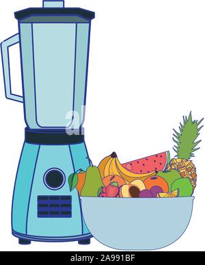Mixer und Schüssel mit Obst, farbenfrohes Design Stock Vektor