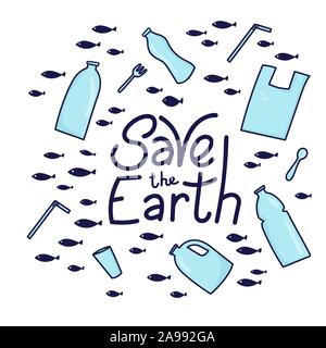 Speichern Sie die Erde Vector Illustration. Plastik Müll (Beutel, Flasche) im Ozean Grafik Design. Wasser Abfall problem kreatives Konzept. Eco problem Banner mit restriktiven unterzeichnen. Stock Vektor