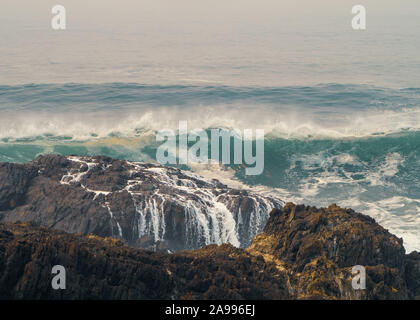 Wunderschöne Landschaft, Meereswellen steigen auf, krachen über und stürzen Felsen an der Landzunge, am Pazifischen Ozean, an der Ostküste Australiens herab Stockfoto