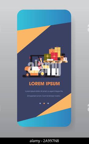 Santa claus fahren Stapler laden bunte Geschenk Geschenk Boxen Lieferung Konzept frohe Weihnachten Frohes neues Jahr Winterurlaub Bildschirm des Smartphones online mobile App vertikale flache Vector Illustration Stock Vektor