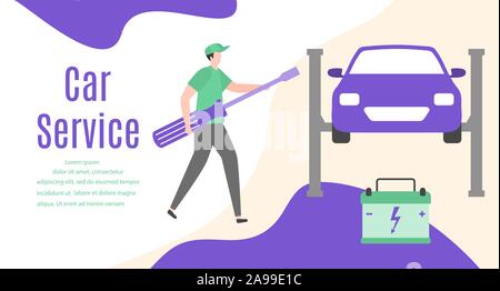 Auto service Vector Illustration Konzept. Auto, Mann, Rad, Reparatur Tools. Automatische Diagnose Mitte, Auto Maintenance Station. Reifen Service, Verkauf von Stock Vektor