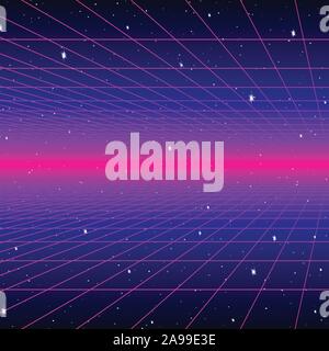 Retro neon Hintergrund mit 80s Laser Raster und Sterne Stil Stock Vektor