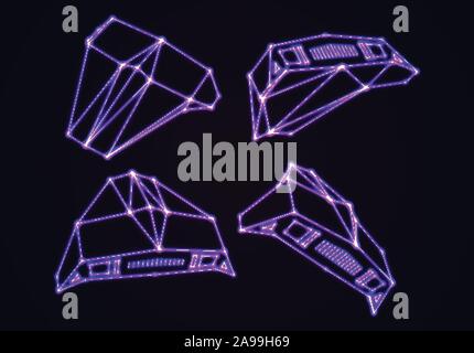 Neon Raumschiffen, gegen die Invasoren oder verteidigen Kämpfer mit 80s Retro Arcade Spiel Stil und Laser geometrische Kontur festlegen Stock Vektor