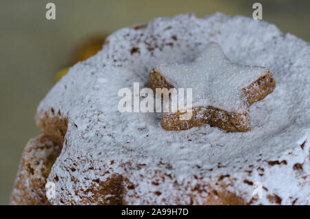 Nahaufnahme von Pandoro, italienischer Weihnachtskuchen, mit star Cookie Dekoration. Schöne Weihnachten essen Konzept. Platz kopieren. Stockfoto