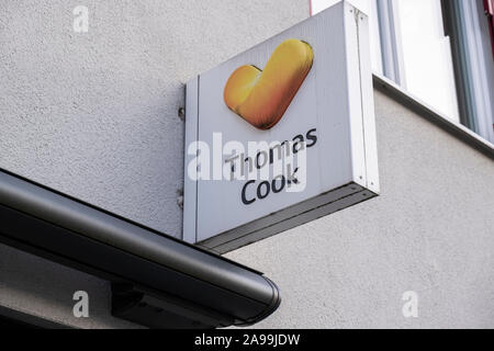 München, 30. Oktober, 2019: Thomas Cook Group plc in München, Deutschland. Thomas Cook Group plc war eine britische Global Travel Group. Stockfoto