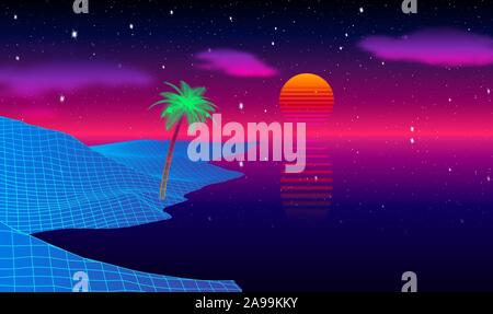 Strand mit Palmen bei Sonnenuntergang mit synthwave oder retrowave Alter 80 s computer spiel Stil Stock Vektor