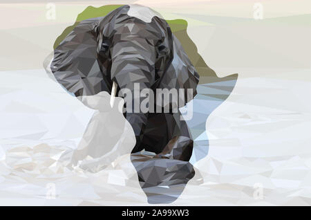 Low Poly Abbildung eines Afrikanischen Elefanten schwimmen im Wasser in der Form von Afrika mit einem Hintergrund Stockfoto