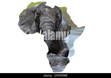 Low Poly Abbildung eines Afrikanischen Elefanten schwimmen im Wasser in der Form von Afrika Stockfoto