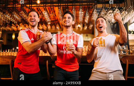 Feiern Sie begeisterte Arsenal-Fans beobachten Fußball mit Ganzberg Bier in Das Pub Stockfoto