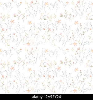 Nahtlose Muster. Wald Blumen. Branchen. Gras. Floral. Wild. Wiese. Aquarell. Weißer Hintergrund. Druckqualität. Stockfoto
