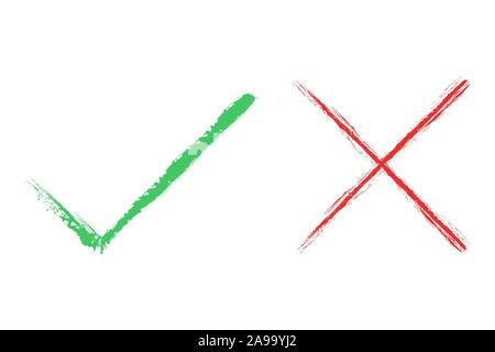 Das Rote Kreuz und die Häkchen. Hand vektor Abstimmung Symbole gezeichnet. Vektor Tasten isoliert Stock Vektor