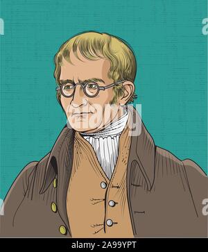 John Dalton cartoon Portrait. Er war ein englischer Chemiker, Physiker und Meteorologe. Er stellte die moderne Atomtheorie in Chemie. Stock Vektor