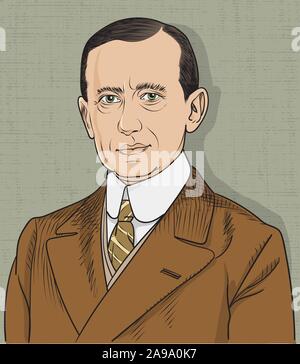 Guglielmo Marconi isoliert cartoon Portrait, Vektor. Er war ein italienischer Erfinder und Elektroingenieur. Stock Vektor