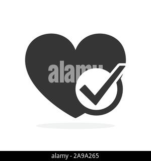 Herzform mit Häkchen. Vektor Herz Symbol. Schwarz genehmigt Symbol. Liebe Symbol-Vektor. Stock Vektor