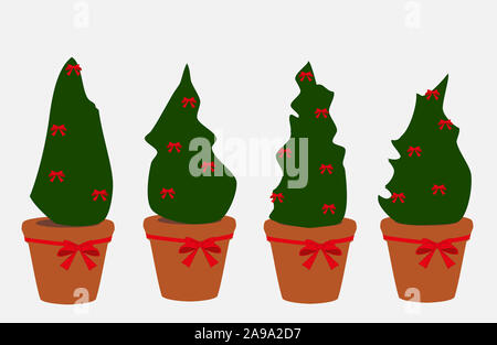 Einstellen der Weihnachtsbäume in den Töpfen mit rote Schleifen auf weißem Hintergrund eingerichtet. Einfache xmas Pflanzen Symbole gezeichnet Stockfoto