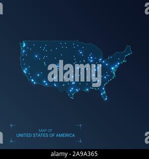 Vereinigte Staaten von Amerika Karte mit Städten. Leuchtenden punkten - Neonlicht auf dunklem Hintergrund. Vector Illustration. Stock Vektor