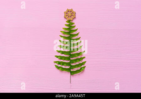 Weihnachtsbaum aus Farn Blätter auf einem rosa Hintergrund. Minimale Weihnachten Hintergrund. Kopieren Sie Platz. Flach. Stockfoto