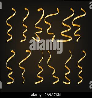 Gold Serpentine oder Konfetti auf schwarzem Hintergrund. Vector Illustration. Der festliche ribbon Serpentine. Stock Vektor