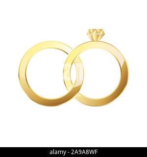 Golden Ring und Ring mit Diamanten. Paar gold Trauringe auf weißem Hintergrund. Vector Illustration Stock Vektor