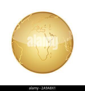 Golden glänzend globus erde Symbol. Vector Illustration. Globus isoliert auf weißem Hintergrund. Stock Vektor