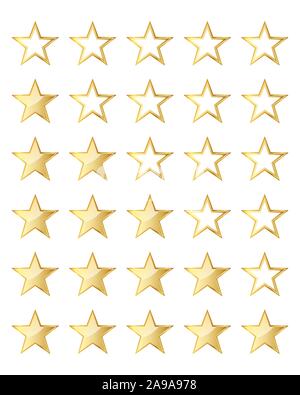 Goldene Sterne Vorlage auf weißem Hintergrund. Vector Illustration. Glänzend Bewertung Sterne. Stock Vektor