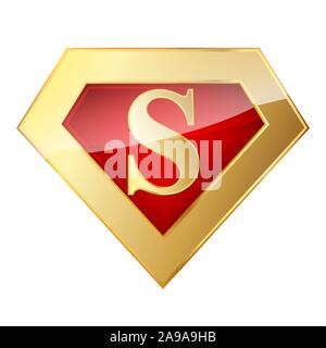 Golden Superhelden Logo mit dem Buchstaben S. Vector Illustration. Glänzend Superhelden Logo auf weißem Hintergrund. Stock Vektor
