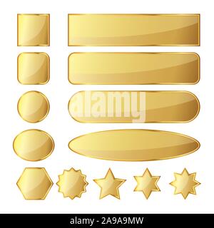 Satz von 13 glänzend goldene Knöpfe oder Banner in verschiedenen Formen. Vector Illustration. Gold Banner auf weißem Hintergrund. Stock Vektor