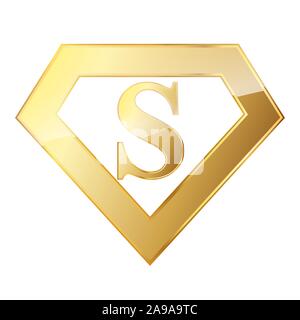 Golden Superhelden Logo mit dem Buchstaben S. Vector Illustration. Glänzend Superhelden Logo auf weißem Hintergrund. Stock Vektor