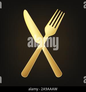 Gold gekreuzten Messer und Gabel. Vector Illustration. Original restaurant Symbol auf dunklem Hintergrund. Stock Vektor