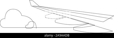 Flügel des Flugzeugs und Wolken. Eine Zeile Fliegen Flugzeug Abbildung. Minimal Style Flugzeug Tragfläche auf weißem Hintergrund. Reise und Tourismus. Vektor Stock Vektor