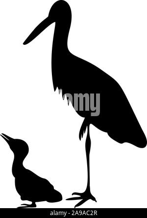 Silhouette von Storch mit Küken. Vektor Illustrator Stock Vektor