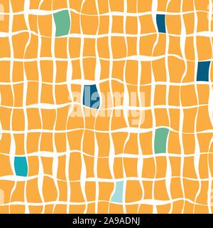 Lebhaften orange Hand gezeichnet doodle Strichgitter mit verstreuten blauen Blöcke Nahtlose geometrischer Vektor Muster. Sommer vibe. Toll als Textur, für Verpackung Stock Vektor