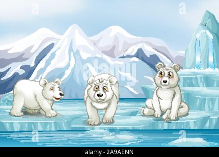 Szene mit drei Eisbären auf Eis Abbildung Stock Vektor