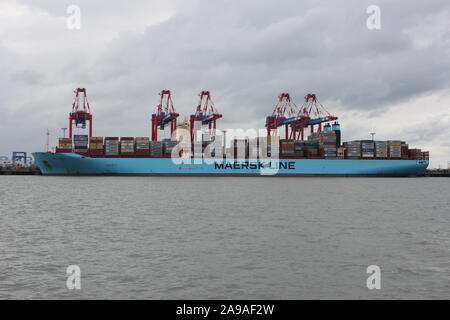 Containerschiff MATZ MAERSK vertäut am Jade-Weser-Port Wilhelmshaven Stockfoto