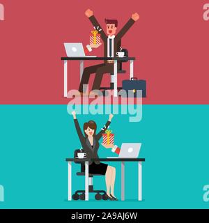 Happy Geschäftsmann und Frau, geschenkbox von ihrem Laptop. Vector Illustration Stock Vektor