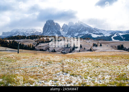 Wunderschöne Herbstlandschaft in Seiser Alm oder Seiser Alm mit Langkofel - Langkofel Berg Gruppe im Hintergrund in den Dolomiten, Südtirol, Italien. Stockfoto