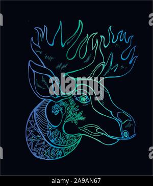 Neon Abbildung: ein Elch mit Hörnern, Ornament. Idee für Tattoo. Stock Vektor